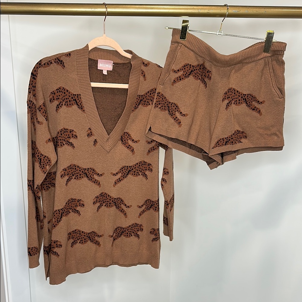 Brown Leopard Print Sweater and Shorts Set